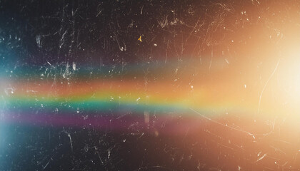 Wall Mural - blur colorful warm rainbow light leaks on black background with dust texture. defocused abstract dam