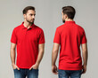 Front and back views of a man wearing a red polo shirt mockup template