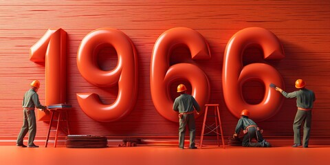 1966 Sign Large Red Numbers on a red wall  with workers