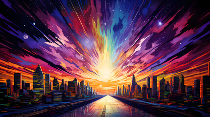 Digital god rays city at night abstract art design graphic poster web page PPT background