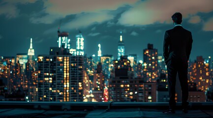 Wall Mural - Businessman standing on rooftop with city skyline at night, concept of success and power in business. Man wearing suit looking to skyscrapers buildings illuminated by lights. generative AI