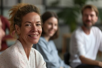 Portrait of smiling mature businesswoman looking at camera with colleagues in background at office