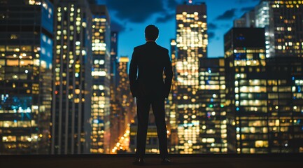 Wall Mural - Businessman standing on rooftop with city skyline at night, concept of success and power in business. Man wearing suit looking to skyscrapers buildings illuminated by lights. generative AI