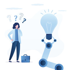 Woman thinking about searching answers and problems solving. Robot hand and give idea light bulb, ai chat bot, chatbot answering. Technologies helping with pitching ideas