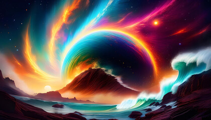 Wall Mural - A digital painting of a cosmic wave crashing onto an alien planet with vibrant colors 