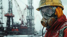 Closeup Of A Worker In Protective Gear Inspecting Machinery At An Oil Drilling Site With Oil Derricks In The Background