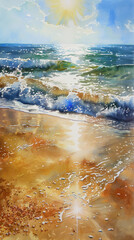 Wall Mural - Sunlit Beach Watercolor Scene, International Sun Day, the importance of solar energy, Sun’s contributions to life on Earth.