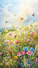 Wall Mural - Vibrant Sunlit Meadow Painting., International Sun Day, the importance of solar energy, Sun’s contributions to life on Earth.