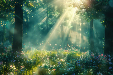 Wall Mural - Enchanted Forest Glade Illuminated., International Sun Day, the importance of solar energy, Sun’s contributions to life on Earth.