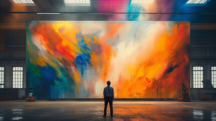 Wall Mural - A large colorful abstract painting is hanging on the wall of an empty large room