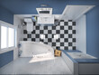 American style bathroom interior with a blue walls and checkered floor. 3d illustration