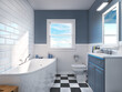 American style bathroom interior with a blue walls and checkered floor. 3d illustration