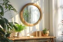 Stylish Scanidnavian Interior With Wooden Desk, Design Gold Accessories, Books And Plants. Beautiful Mirror On The White Wall. Creative Desk Of Home Decor. Warm And Sunny Room. Copy Space. Real Photo