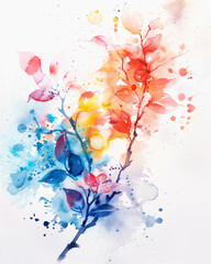 Wall Mural - Watercolor painting colorful splashes on a white floral background, flower leaf