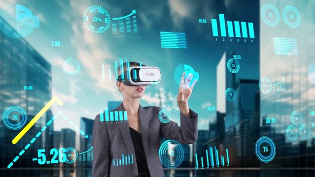 Woman searching dynamic data using hand sliding graph analysis by VR of future global innovation interface digital infographic network technology virtual hologram animation building view. Contraption.
