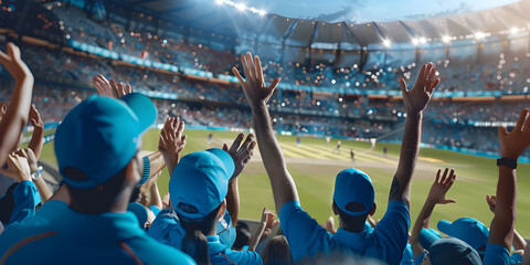Audience in blue jersey cheering and supporting their team in cricket match