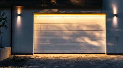 A close-up of a bright white garage door under amber lighting, emphasizing a secure yet stylish home exterior, suitable for safety and design articles