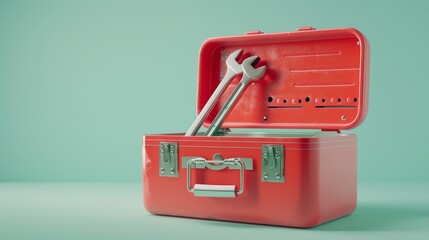 An open red toolbox featuring essential tools, positioned against a cool mint background in a close-up, realistic depiction, great for workshop ads