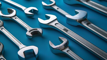 Close-up of various wrenches and screwdrivers on a deep blue backdrop in a garage, focusing on the metallic sheen and tool variety, suitable for hardware ads