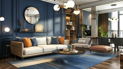 Fresh and trendy young person's living room featuring gray walls, contemporary furniture, and dynamic accent colors, designed for both comfort and style