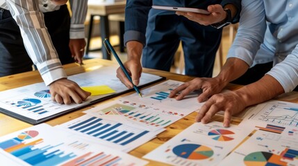 Poster - A group of professionals collaborating on a project with graphs and charts on a table.