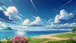 Anime fantasy wallpaper background concept : A beautiful summer landscape with a clear blue sky and snow-capped mountains reflected in a still lake, generative ai