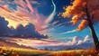 Anime fantasy wallpaper background concept : Dramatic orange and red hues paint the mountain sky at dusk, casting long shadows across the autumn landscape, generative ai
