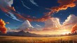 Anime fantasy wallpaper background concept : Fiery orange light bathes the autumn landscape mountain peaks as dusk paints the sky in hues of red and purple, generative ai