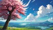 Anime fantasy wallpaper background concept : Delicate cherry blossoms frame a vibrant spring landscape bathed in warm sunlight, generative ai