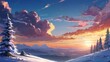 Anime fantasy wallpaper background concept :
Orange and red hues spread across the evening sky as the sunsets behind snow-capped mountains at a winter ski resort, generative ai