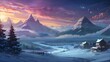 Anime fantasy wallpaper background concept : Snow-capped peaks pierce a crisp blue sky in a winter mountain panorama, generative ai