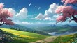 Anime fantasy wallpaper background concept : A beautiful spring landscape with blooming trees and a green meadow under a sunny blue sky, generative ai