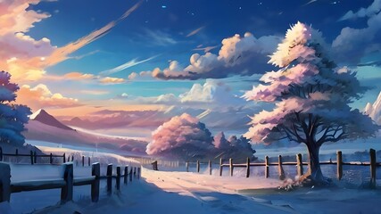 Wall Mural - Anime fantasy wallpaper background concept : A majestic winter landscape with snow-capped mountains, a frozen lake reflecting a clear blue sky, and evergreen trees dusted with snow, generative ai