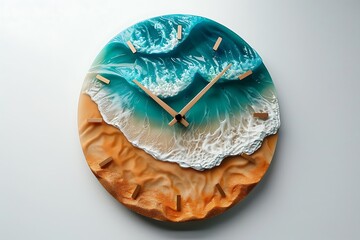 Wall Mural - Wall clock made of resin art with sea waves and beach. Flat lay