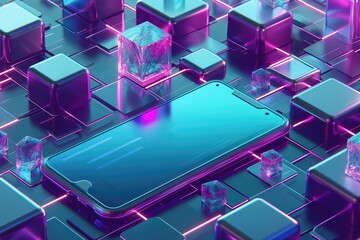 A cell phone is surrounded by geometric cubes and glass cubes on a neon background filled with symbols of new technologies