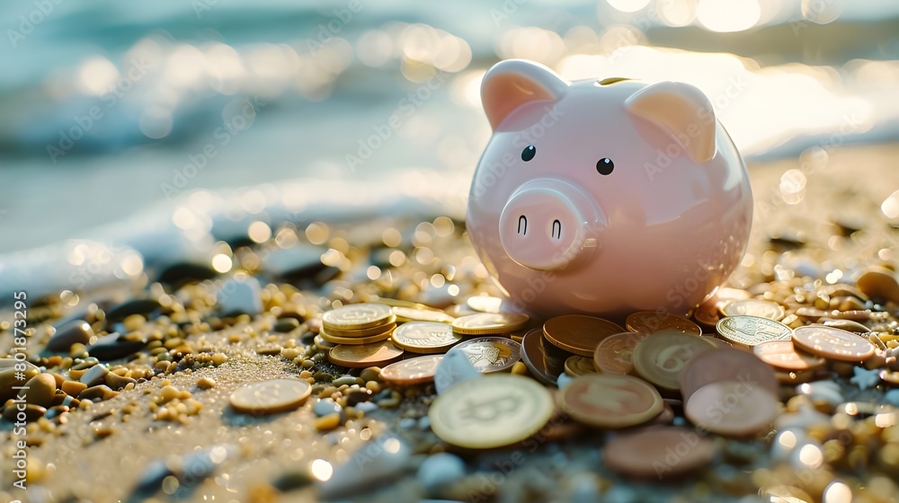 Pink piggy bank with sunglasses relaxing on a beach in summer next to ...
