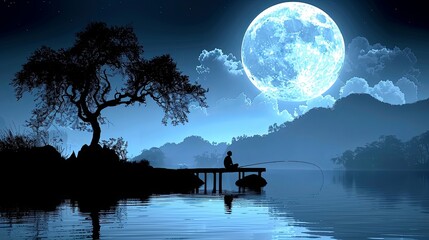  The full moon rises over a lake, casting a silvery glow on the water. A lone fisherman sits on a dock, silhouetted against the sky.