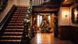 Christmas at the manor, grand entrance hall with staircase and Christmas tree, English countryside decoration and festive interior decor