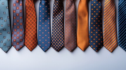 Wall Mural - Variety of elegant ties displayed in a row, diverse patterns and colors, concept of male grooming and professional attire