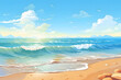 Sunny Seashore, Vibrant Beachscape under Blue Skies, Realistic Beach Landscape. Vector Background