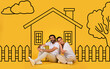 © Prostock-studio - Loving multiethnic couple planning their dream home against a hand-drawn house sketch on yellow wall background. Mortgage concept