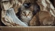 A pleasantly chubby cat peeking out from a pile of packing materials inside a cardboard box.