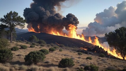 Hot, dry wind that causes fires and destroys vegetation. The idea of elements and danger in the natural environment. Creative, AI Generated