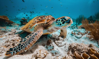 Wall Mural - sea turtle swimming on seabed.