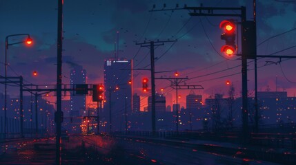 Fototapete - A traffic intersection at night, with traffic lights glowing brightly amidst the city's illuminated skyline.