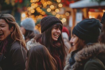 Portrait of happy young woman on Christmas market. Smiling woman with friends on background