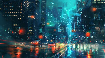Fototapete - A traffic intersection at night, with traffic lights glowing brightly amidst the city's illuminated skyline.