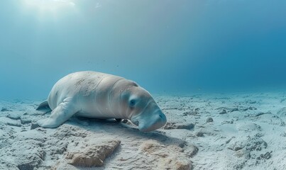 Sticker - dugong feeding sea grass on seabed.