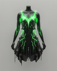 Wall Mural - Beautiful creative dress with crazy neon lighting, front view ad mockup, isolated on a white and gray background.