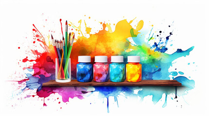 Wall Mural - A colorful school scene with crayons, a paint palette, and a sketchpad, inviting creativity, on an isolated white background,